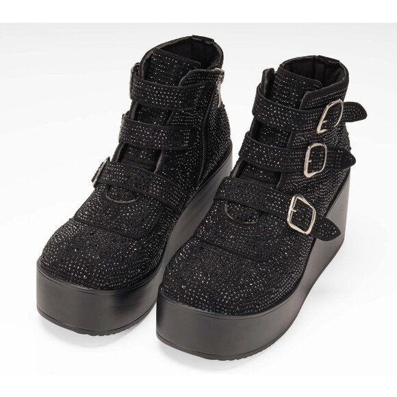 Women Black Rhinestone Polyurethane Buckle Thick Sole Platform Ankle Boots - Picture 9 of 9